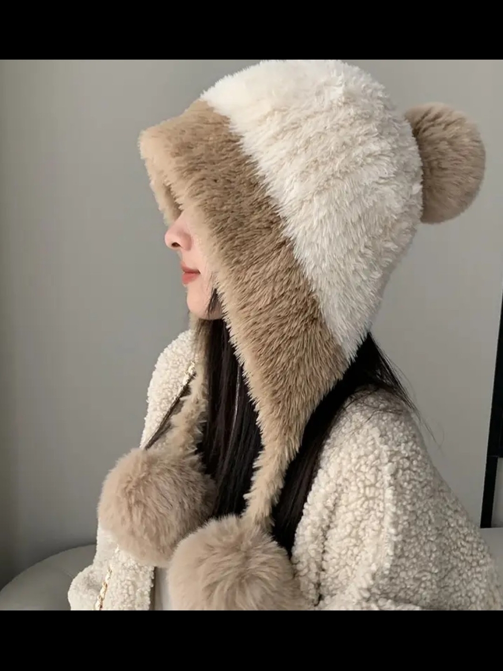 Cozy Faux Fur Pom Pom Earflap Hat - Beige & Cream